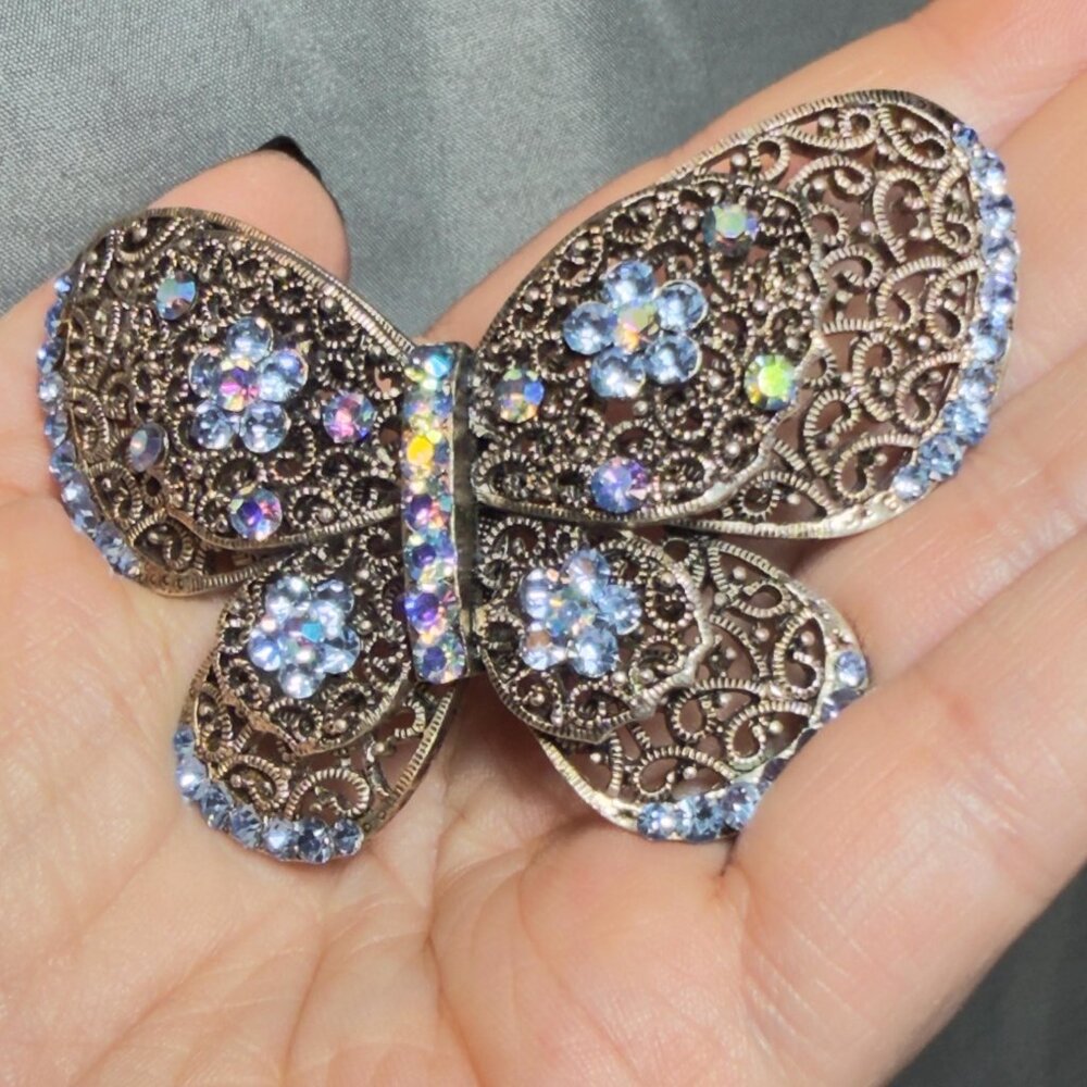 Butterfly Brooch Blue Rhinestone Filigree Crystal Pin Large Statement 3” - Picture 9 of 10